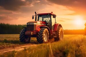 ai gegenereerd trekker in de veld, agrarisch machinerie foto