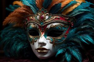 ai gegenereerd luxe carnaval maskers versierd met veren, goud, en sieraden. dichtbij omhoog..generatief ai foto