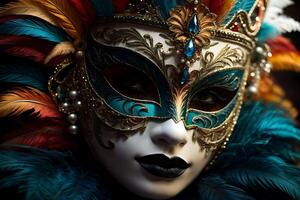 ai gegenereerd Dames vervelend luxe carnaval maskers versierd met veren, goud, en sieraden. dichtbij omhoog. generatief ai foto