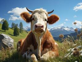 schattig weinig kalf in de weide Aan een zonnig dag. foto