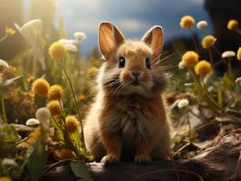 schattig weinig konijn zittend in de gras Aan een zonnig dag. foto