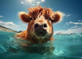 ai gegenereerd schattig rood koe zwemmen in de zee water met blauw lucht achtergrond foto