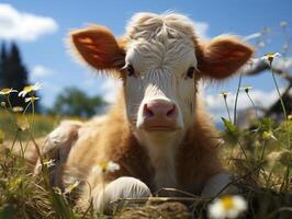 schattig weinig kalf in de weide Aan een zonnig dag. foto