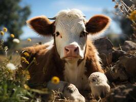 schattig weinig kalf in de weide Aan een zonnig dag. foto