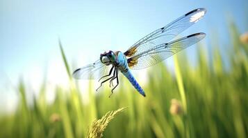 ai gegenereerd blauw libel Aan de groen gras in de weide. foto