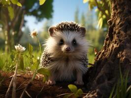 ai gegenereerd schattig egel in de Woud Aan een achtergrond van herfst bladeren foto