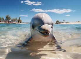 ai gegenereerd dolfijn zwemt in de zee met spatten van water. foto