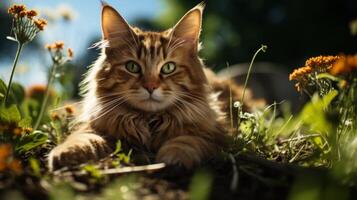 ai gegenereerd schattig gember Maine wasbeer kat in zomer tuin. foto