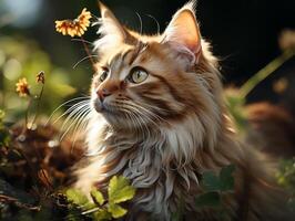 ai gegenereerd schattig gember Maine wasbeer kat in zomer tuin. foto