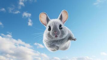 ai gegenereerd vliegend schattig weinig chinchilla karakter Aan blauw lucht achtergrond. foto