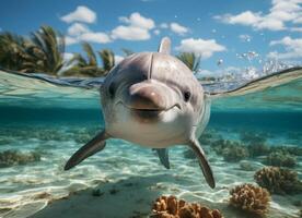 ai gegenereerd dolfijn zwemt in de zee met spatten van water. foto