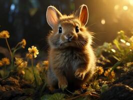 schattig weinig konijn zittend in de gras Aan een zonnig dag. foto