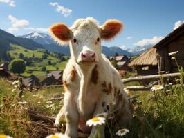 ai gegenereerd schattig weinig kalf in de weide Aan een zonnig dag. foto