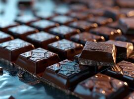 ai gegenereerd stukken van donker chocola Aan tafel detailopname voedsel achtergrond foto