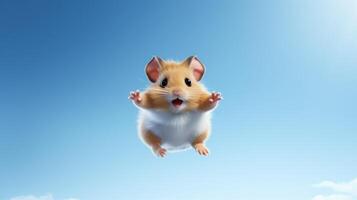 ai gegenereerd vliegend schattig weinig hamster karakter Aan blauw lucht achtergrond. foto