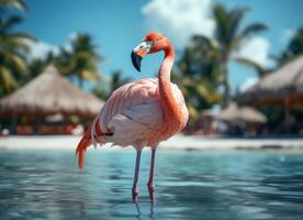 ai gegenereerd roze flamingo staand in de water Aan een mooi tropisch strand. foto