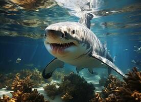 ai gegenereerd haai zwemt in de zee met spatten van water. foto