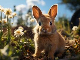 schattig weinig konijn zittend in de gras Aan een zonnig dag. foto