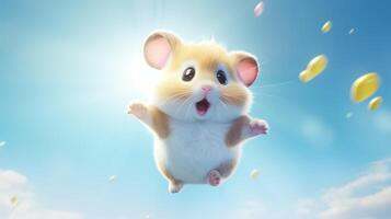 ai gegenereerd vliegend schattig weinig hamster karakter Aan blauw lucht achtergrond. foto