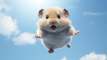 ai gegenereerd vliegend schattig weinig hamster karakter Aan blauw lucht achtergrond. foto