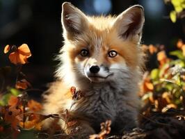 ai gegenereerd portret van een rood vos in de herfst Woud. foto