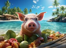 ai gegenereerd schattig varken zwemmen in tropisch zee, zomer vakantie concept. foto