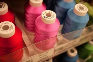 kleurrijk spoelen van draad in een kleding stof op te slaan foto