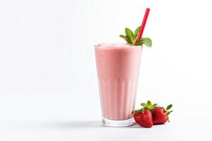 ai gegenereerd aardbei milkshake dichtbij omhoog foto