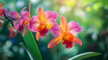 ai gegenereerd een groep van roze en oranje bloemen in een tuin foto