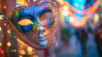 ai gegenereerd een dichtbij omhoog van een carnaval masker Aan Scherm foto