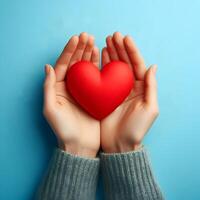 ai gegenereerd detailopname hart vorm rood liefde in vrouw Dames hand- twee handen Holding concept, moeders dag viering, liefdadigheid geven symbool licht blauw achtergrond banier ontwerp Cadeau geschenk bruiloft foto