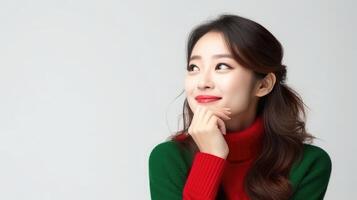 ai gegenereerd mooi Aziatisch vrouw in rood en groen trui foto