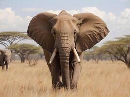 ai gegenereerd een ontzagwekkend zicht ontvouwt zich net zo een Afrikaanse olifant sierlijk zwerft rond de zonovergoten savanne, omringd door de gouden tinten van de grasland. foto