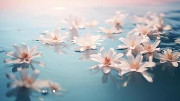 ai gegenereerd roze bloemen drijvend Aan water. inschrijving vrouwelijk blauw achtergrond ai generatief fotografie foto