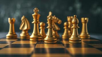 ai gegenereerd de reeks van gouden schaak stukken element is Aan de schoolbord.schaken bord spel concept van bedrijf ideeën en wedstrijd en strategie plan succes betekenis foto