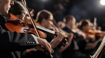 ai gegenereerd professioneel symfonisch orkest het uitvoeren van Aan stadium en spelen een klassiek muziek- concert foto