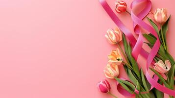 ai gegenereerd figuur 8 gemaakt van lint en tulp bloemen voor Internationale vrouwen dag viering Aan roze achtergrond met ruimte voor tekst foto