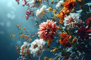 ai gegenereerd bloemen mooi achtergrond blauw oranje kleur foto