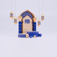 3d geven Ramadan podium achtergrond met moskee, pijler en Islamitisch ornamenten voor sociaal media post sjabloon foto