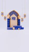 3d geven Ramadan podium achtergrond met moskee, pijler en Islamitisch ornamenten voor sociaal media verhaal sjabloon foto
