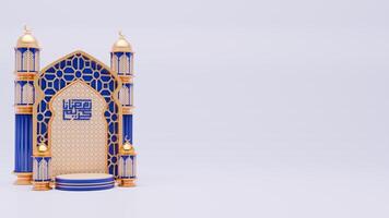 3d geven Ramadan podium achtergrond met moskee, pijler en Islamitisch ornamenten voor banier sjabloon foto