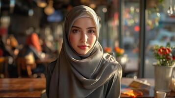 ai gegenereerd mooi jong moslim vrouw vervelend een hijab is zittend in een cafe foto