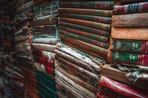 donker literatuur fictie boek stack in rommelig kamer met niet gespecificeerd verlichting foto