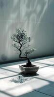 ai gegenereerd een bonsai boom in een pot Aan een tafel foto