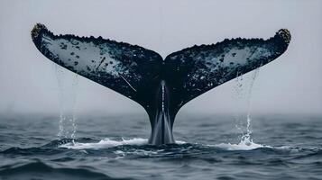 ai gegenereerd een walvis staart fluwelen uit van de water foto