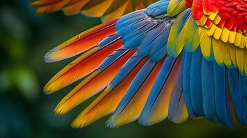 ai gegenereerd een dichtbij omhoog van een kleurrijk vogel Vleugels foto