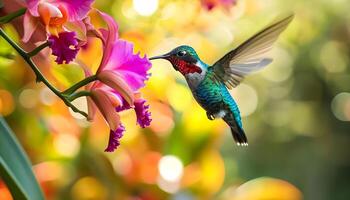 ai gegenereerd een kolibrie zweven over- een Purper bloem foto