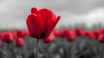 ai gegenereerd een single rood tulp in een veld- van zwart en wit tulpen foto