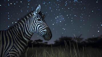 ai gegenereerd een zebra staand in een veld- Bij nacht foto