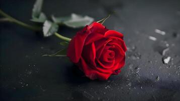 ai gegenereerd een single rood roos Aan een zwart oppervlakte foto